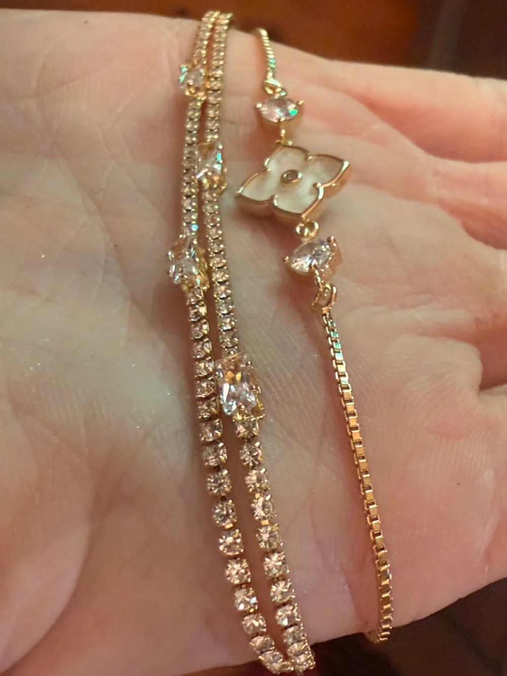 NWOT Gold w Floral cream colored enamel Clover and Gems Layered Bracelets 2 pc